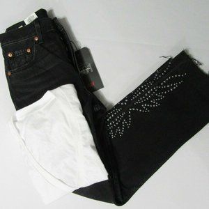 Levis 501 Black Raw Hem Crop Beaded Jeans Size 24 White V Neck Shirt Size S
